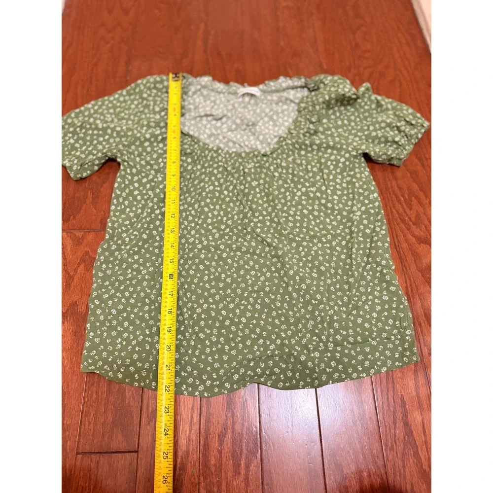 Reformation Green Ditsy Floral Ruffle‎ Scoop Neck Puff Sleeve Top XS EcoVero